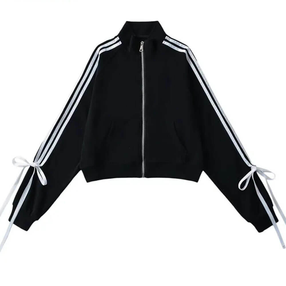 Trendy Blokette Bows Side Stripe Zip Up Sweatshirt for Stylish Outfits