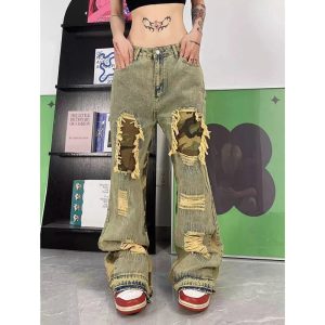 Trendy Camo Patchwork Distressed Jeans for Stylish Outfit Ideas