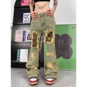 Trendy Camo Patchwork Distressed Jeans for Stylish Outfit Ideas