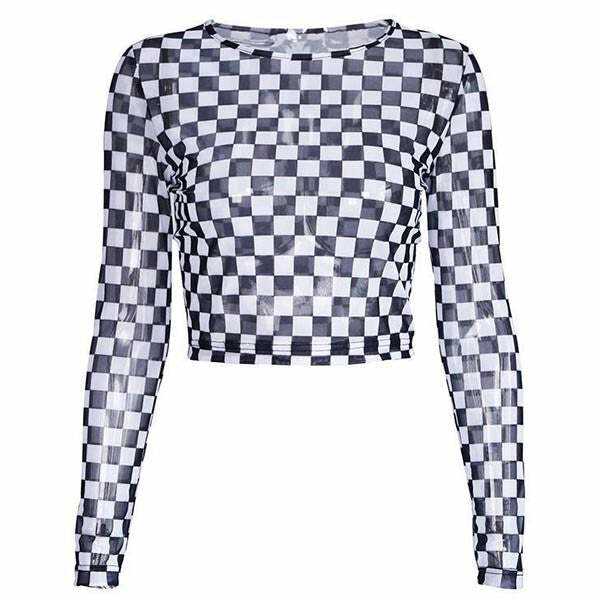 Trendy Checkered Long Sleeve Crop Top: Perfect for Spring Outfits