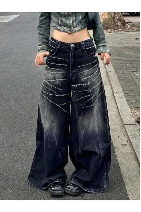 Trendy Distressed Marble Wash Wide-Leg Jeans for Stylish Outfit Ideas