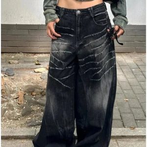 Trendy Distressed Marble Wash Wide-Leg Jeans for Stylish Outfit Ideas