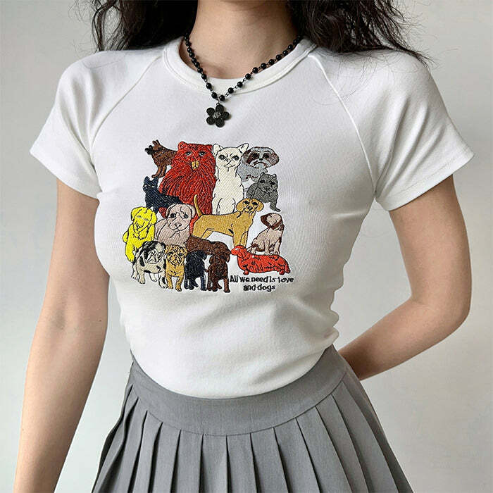 Trendy Dogs Embroidery Graphic Tee for Casual Outfits & Everyday Style