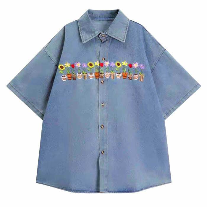 Trendy Embroidered Denim Shirt: Perfect for Spring Outfits & Casual Looks