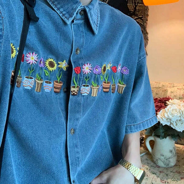 Trendy Embroidered Denim Shirt: Perfect for Spring Outfits & Casual Looks