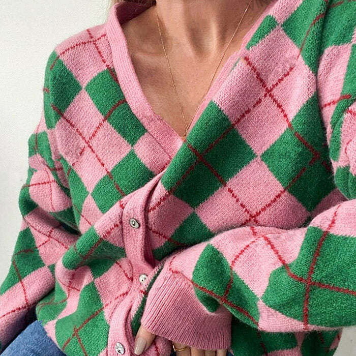 Trendy Green & Pink Argyle Cardigan: Perfect for Spring Outfits