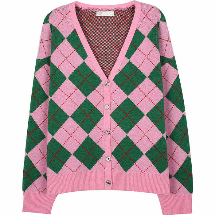 Trendy Green & Pink Argyle Cardigan: Perfect for Spring Outfits