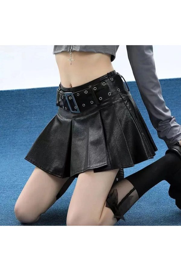 Trendy Grommet Belted Leather Mini Skirt for Stylish Outfit Ideas