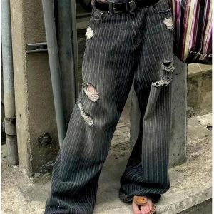 Trendy Grunge Distressed Pinstripe Pants for Stylish Outfit Ideas