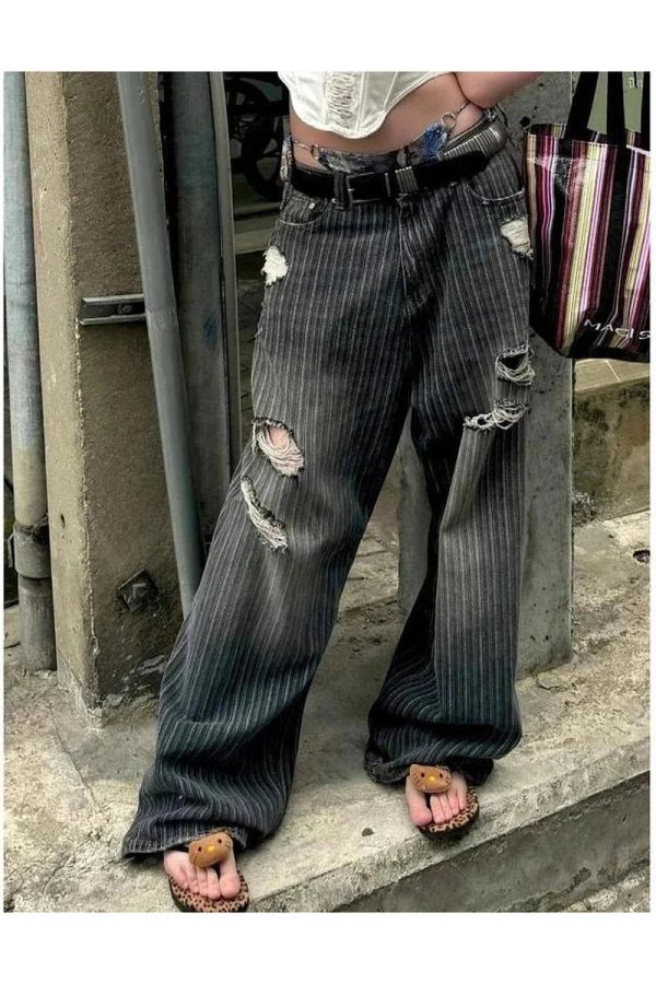 Trendy Grunge Distressed Pinstripe Pants for Stylish Outfit Ideas