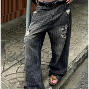 Trendy Grunge Distressed Pinstripe Pants for Stylish Outfit Ideas