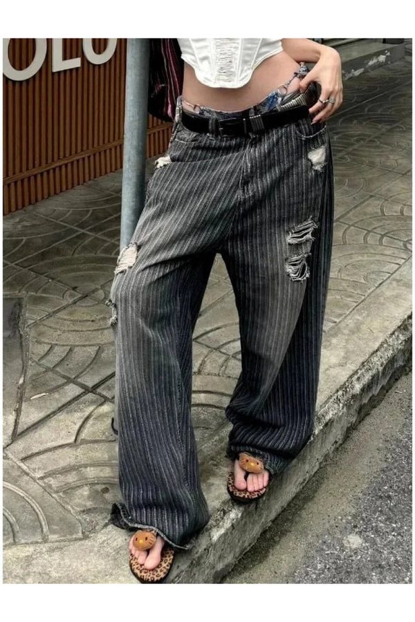 Trendy Grunge Distressed Pinstripe Pants for Stylish Outfit Ideas