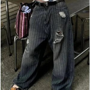 Trendy Grunge Distressed Pinstripe Pants for Stylish Outfit Ideas