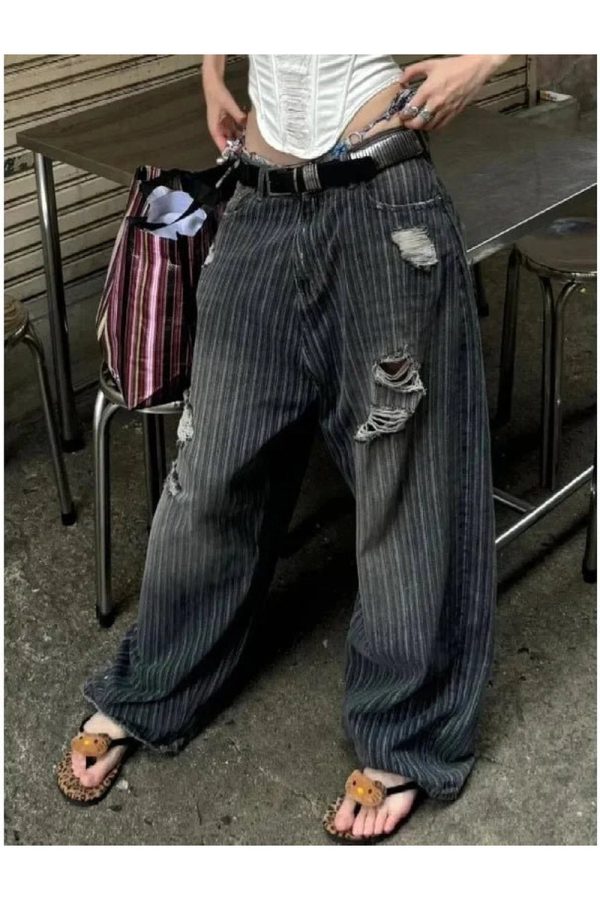 Trendy Grunge Distressed Pinstripe Pants for Stylish Outfit Ideas