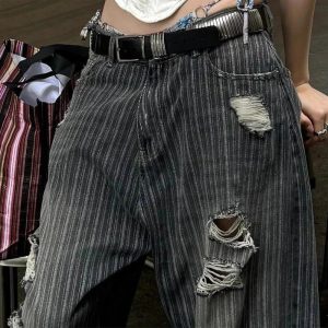 Trendy Grunge Distressed Pinstripe Pants for Stylish Outfit Ideas