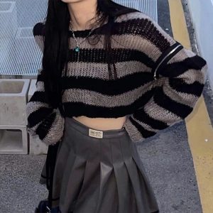 Trendy Grunge Striped Crop Sweater: Perfect for Casual Outfits & Concerts