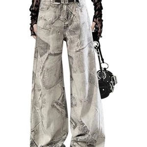 Trendy Grunge Washed Graffiti Wide-Leg Jeans for Stylish Outfit Ideas