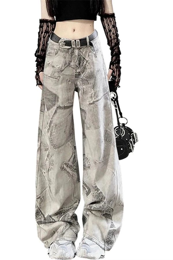 Trendy Grunge Washed Graffiti Wide-Leg Jeans for Stylish Outfit Ideas