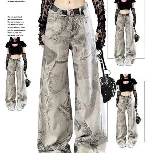 Trendy Grunge Washed Graffiti Wide-Leg Jeans for Stylish Outfit Ideas