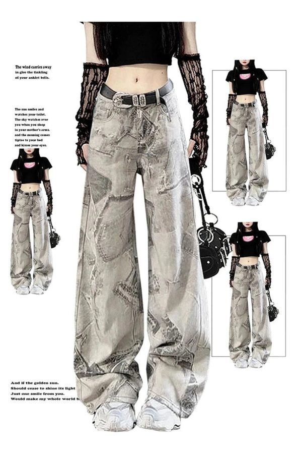 Trendy Grunge Washed Graffiti Wide-Leg Jeans for Stylish Outfit Ideas