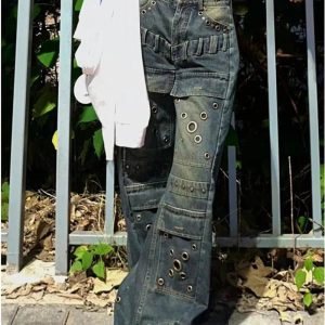 Trendy Industrial Grommet Cargo Jeans: Perfect for Casual & Concert Outfits