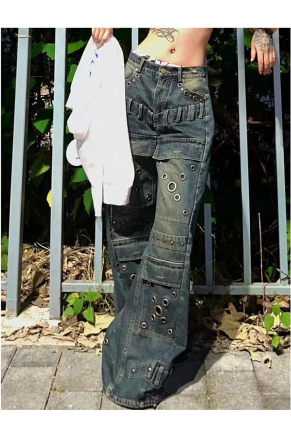 Trendy Industrial Grommet Cargo Jeans: Perfect for Casual & Concert Outfits