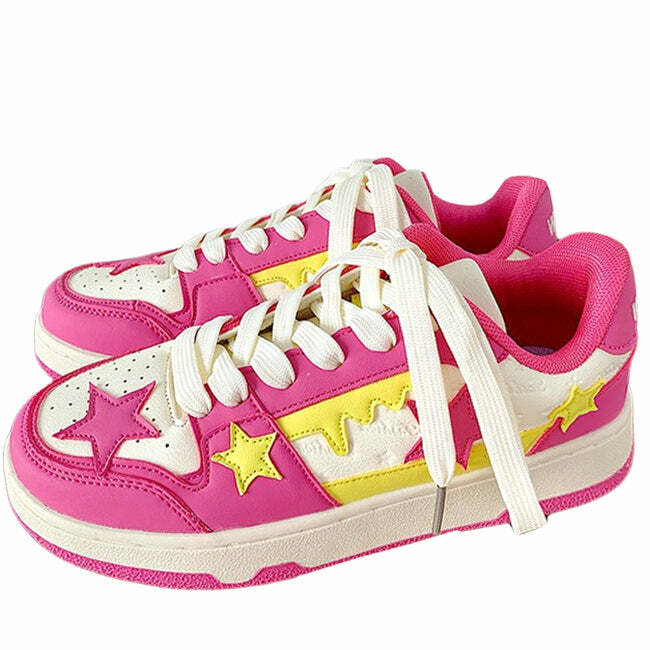 Trendy Lollipop Candy Pink & Yellow Star Sneakers for Stylish Outfits