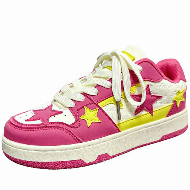 Trendy Lollipop Candy Pink & Yellow Star Sneakers for Stylish Outfits