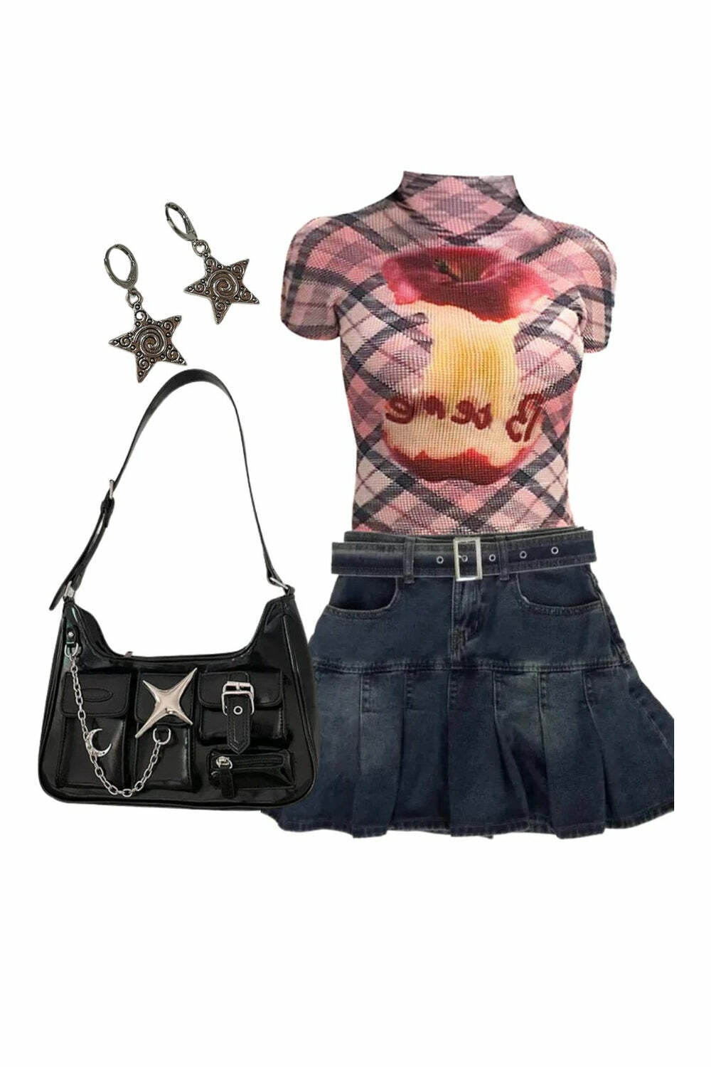 Trendy Outfit: Plaid Mesh Crop Top, Vintage Denim Mini Skirt & Y2K Handbag