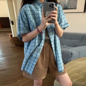 Trendy Oversized Sky Plaid Shirt: Perfect for Casual Outfits & Concerts