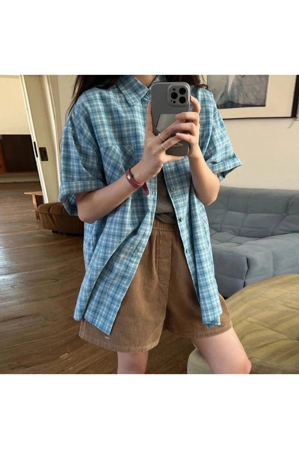 Trendy Oversized Sky Plaid Shirt: Perfect for Casual Outfits & Concerts