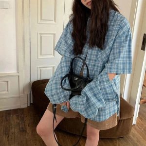 Trendy Oversized Sky Plaid Shirt: Perfect for Casual Outfits & Concerts