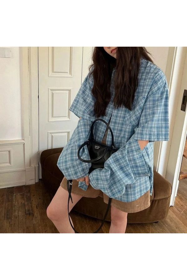 Trendy Oversized Sky Plaid Shirt: Perfect for Casual Outfits & Concerts