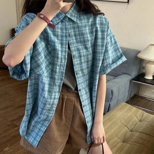 Trendy Oversized Sky Plaid Shirt: Perfect for Casual Outfits & Concerts