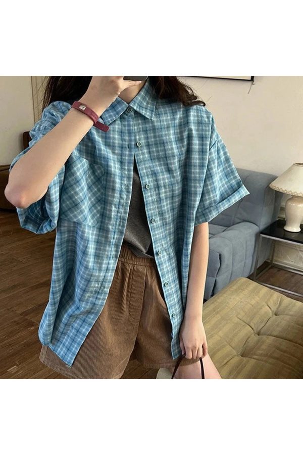 Trendy Oversized Sky Plaid Shirt: Perfect for Casual Outfits & Concerts