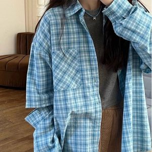 Trendy Oversized Sky Plaid Shirt: Perfect for Casual Outfits & Concerts