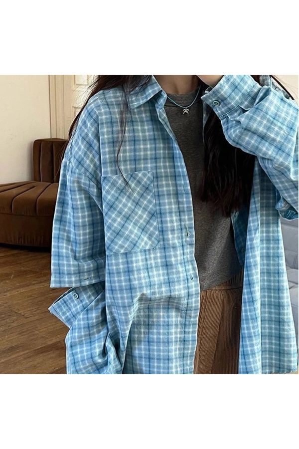 Trendy Oversized Sky Plaid Shirt: Perfect for Casual Outfits & Concerts