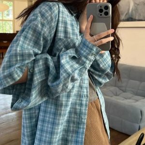 Trendy Oversized Sky Plaid Shirt: Perfect for Casual Outfits & Concerts