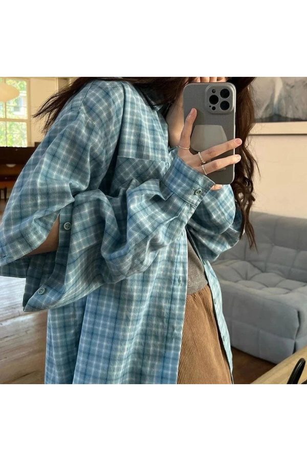 Trendy Oversized Sky Plaid Shirt: Perfect for Casual Outfits & Concerts