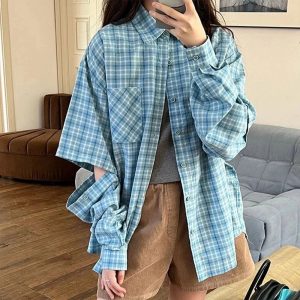 Trendy Oversized Sky Plaid Shirt: Perfect for Casual Outfits & Concerts