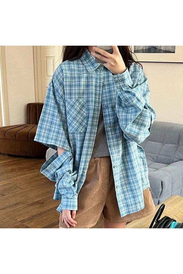 Trendy Oversized Sky Plaid Shirt: Perfect for Casual Outfits & Concerts