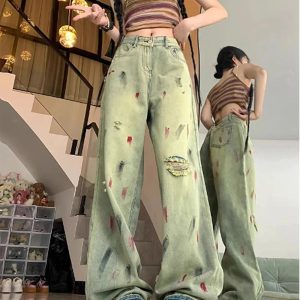 Trendy Paint Splatter Grunge Wide-Leg Jeans for Stylish Outfit Ideas