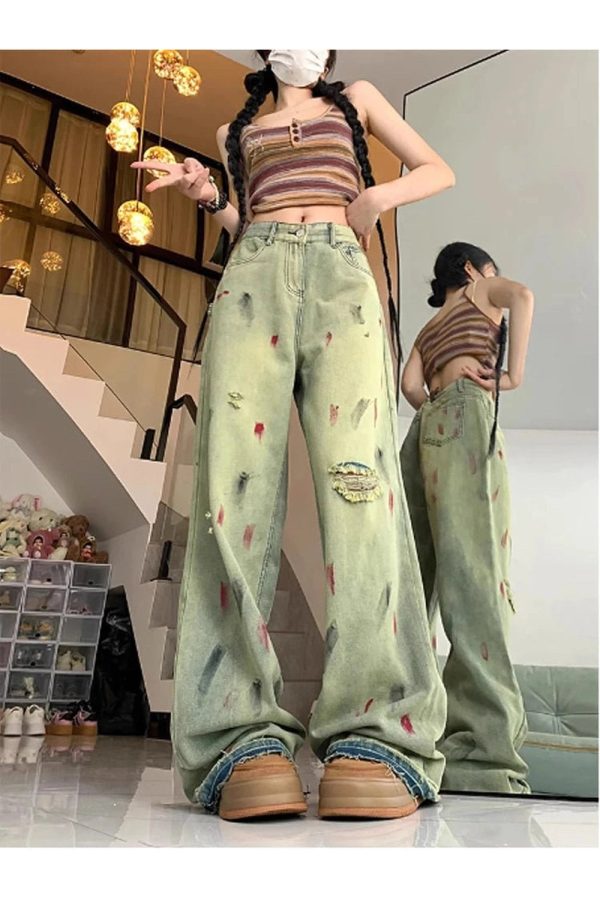 Trendy Paint Splatter Grunge Wide-Leg Jeans for Stylish Outfit Ideas