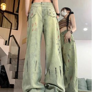 Trendy Paint Splatter Grunge Wide-Leg Jeans for Stylish Outfit Ideas