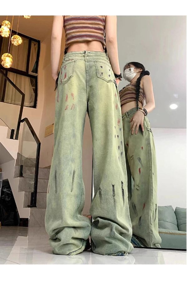 Trendy Paint Splatter Grunge Wide-Leg Jeans for Stylish Outfit Ideas