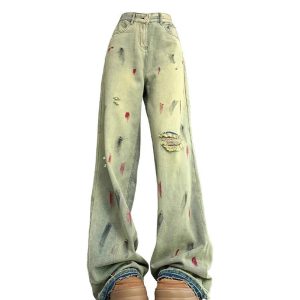 Trendy Paint Splatter Grunge Wide-Leg Jeans for Stylish Outfit Ideas