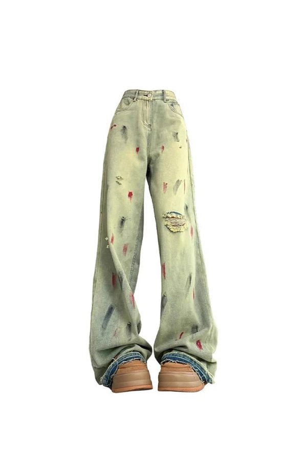 Trendy Paint Splatter Grunge Wide-Leg Jeans for Stylish Outfit Ideas