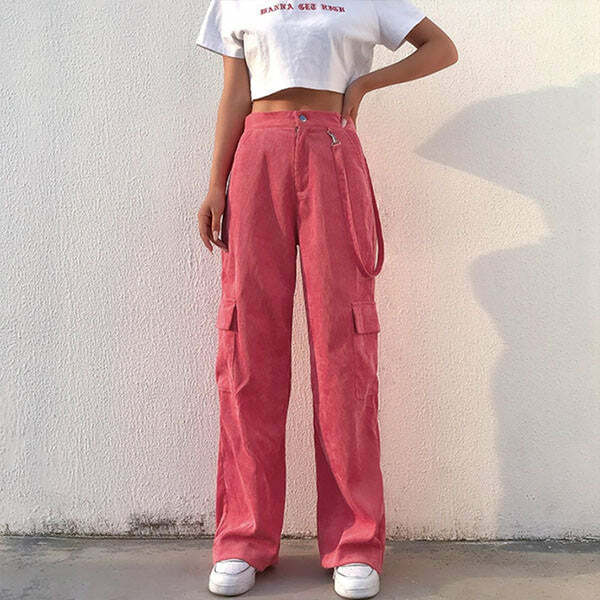 Trendy Pink Cord Cargo Pants: Perfect for Casual Outfits & Concerts