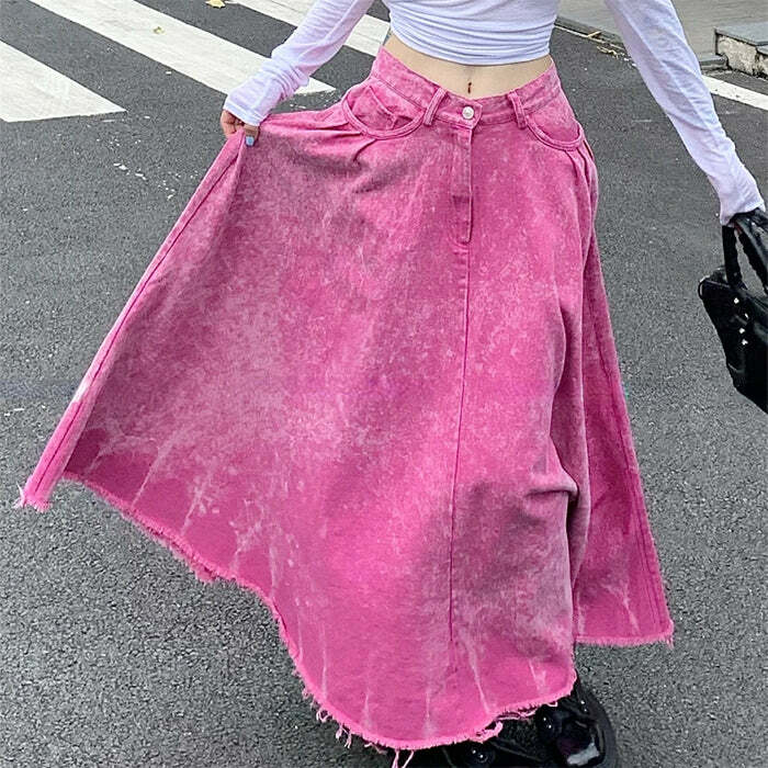 Trendy Pink Distressed Denim Maxi Skirt for Stylish Spring Outfits