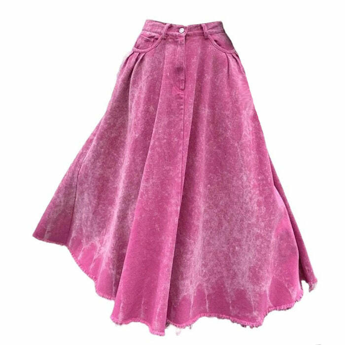 Trendy Pink Distressed Denim Maxi Skirt for Stylish Spring Outfits